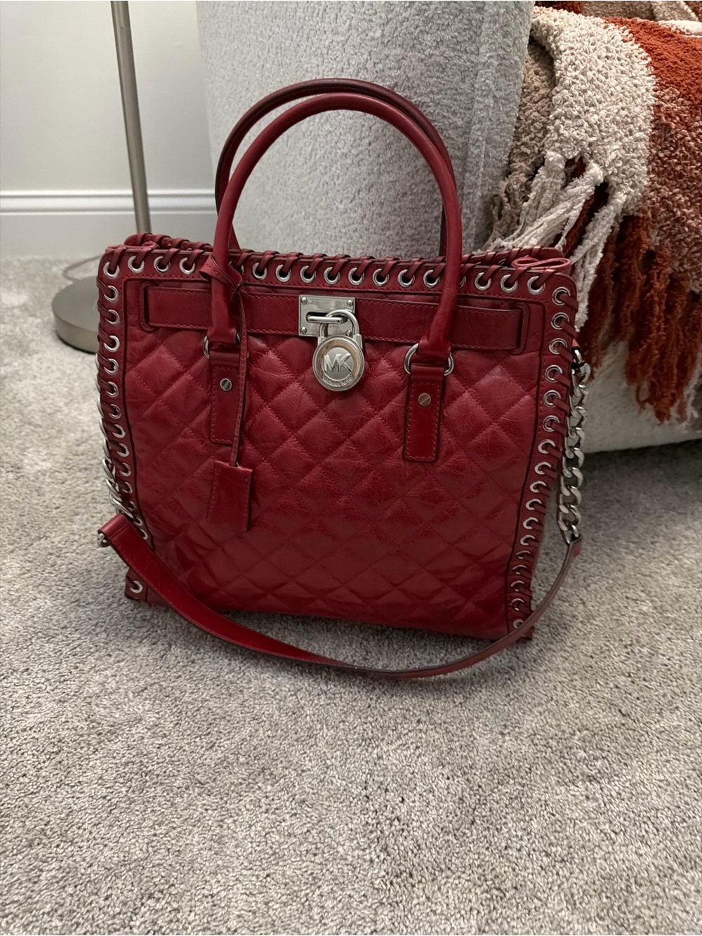 RARE Michael Kors Hamilton Hippie Grommet Red Quilted Leather Tote Bag